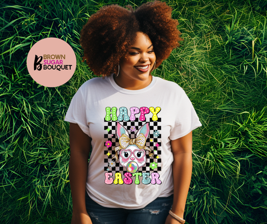 Retro Happy Easter Checkerboard Bubble Gum Bunny DTF