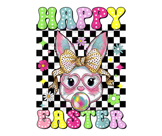 Retro Happy Easter Checkerboard Bubble Gum Bunny DTF