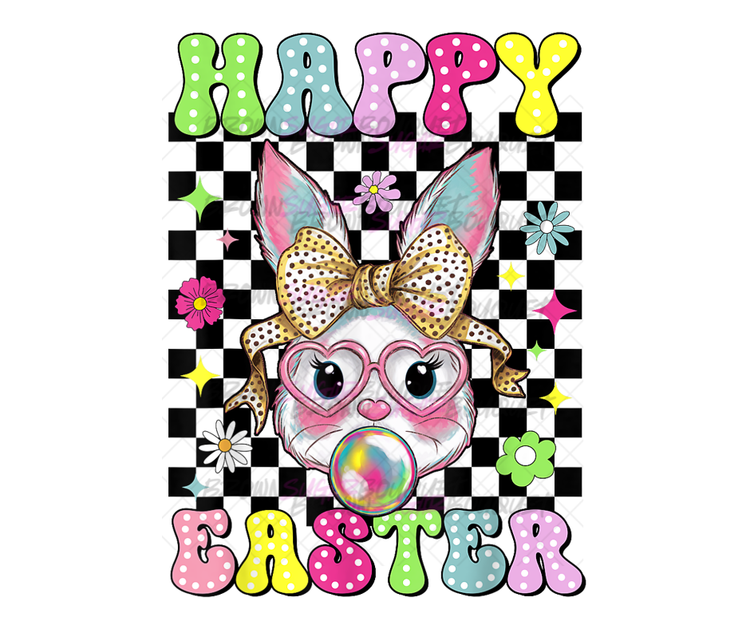 Retro Happy Easter Checkerboard Bubble Gum Bunny DTF