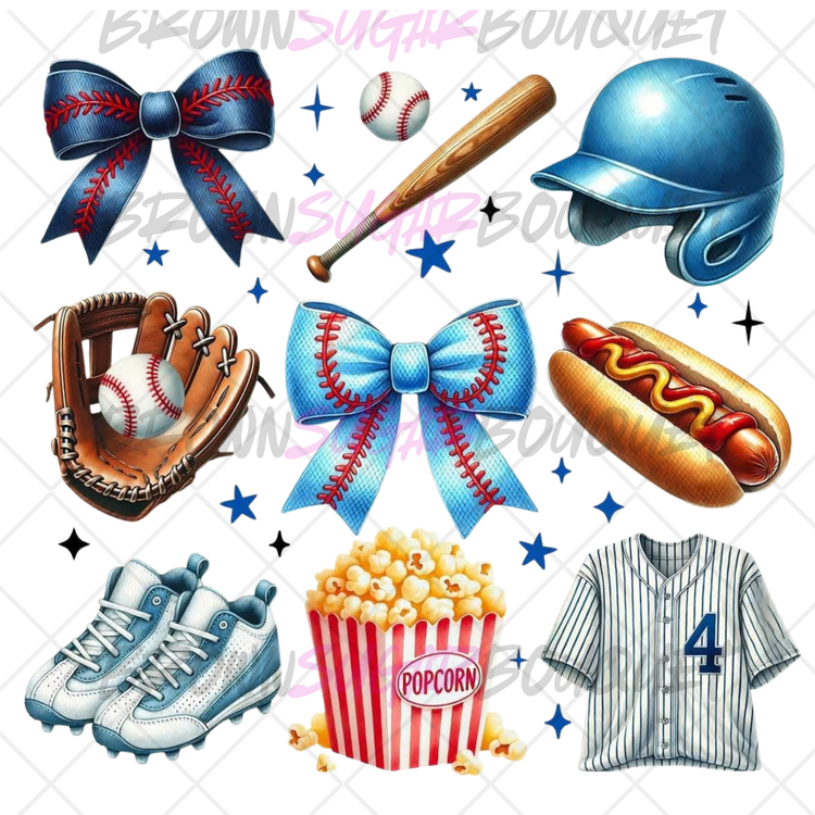 Baseball Theme Blue Hat & Bow DTF