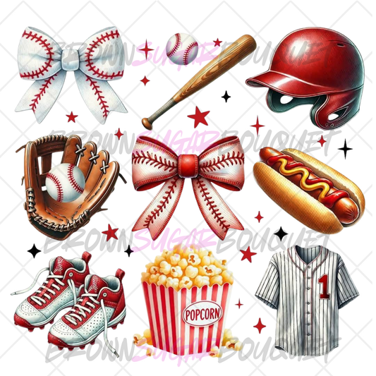 Baseball Theme Red Hat & Bow DTF