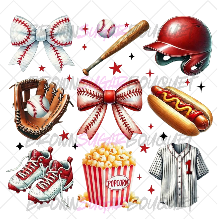 Baseball Theme Red Hat & Bow DTF