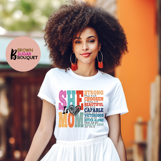 She Is Mom – Faith Affirmation Tee (White) for Mother's Day Appreciation