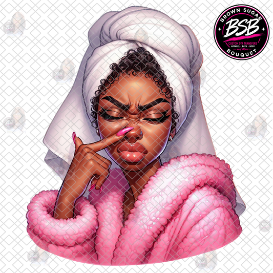 Moody Black Girl In Pink Robe DTF