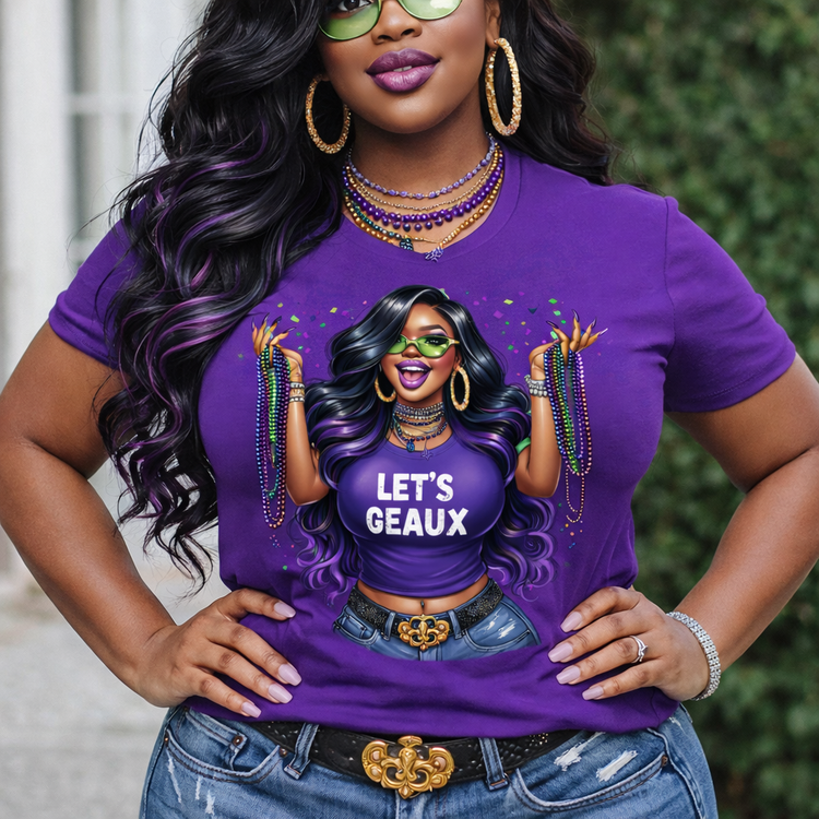 Let's Geaux Mardi Gras Purple Shirt Iron-On DTF -Easy No Weeding